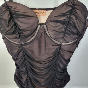Mesh black and tab ruched bodysuit sz M/L